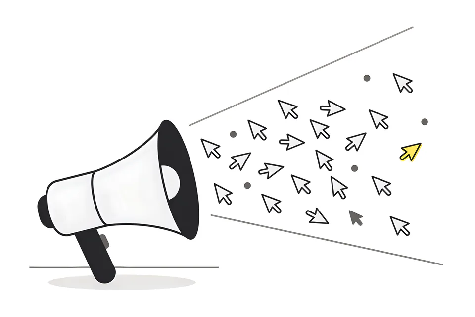 A megaphone sending a scattered swarm of cursors in every direction, only one of them yellow