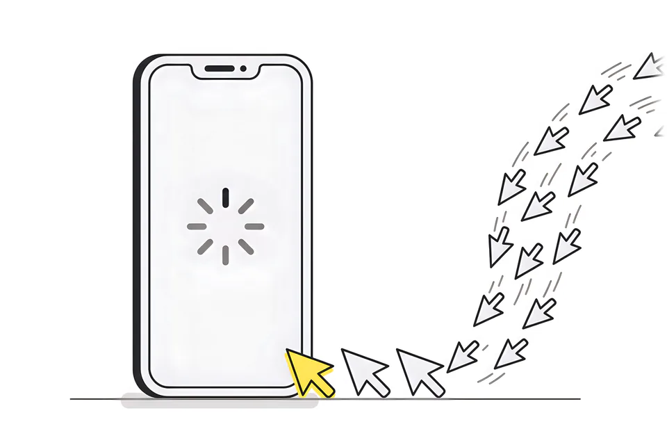 A phone stuck on a loading spinner while most of the cursors in line turn around and leave