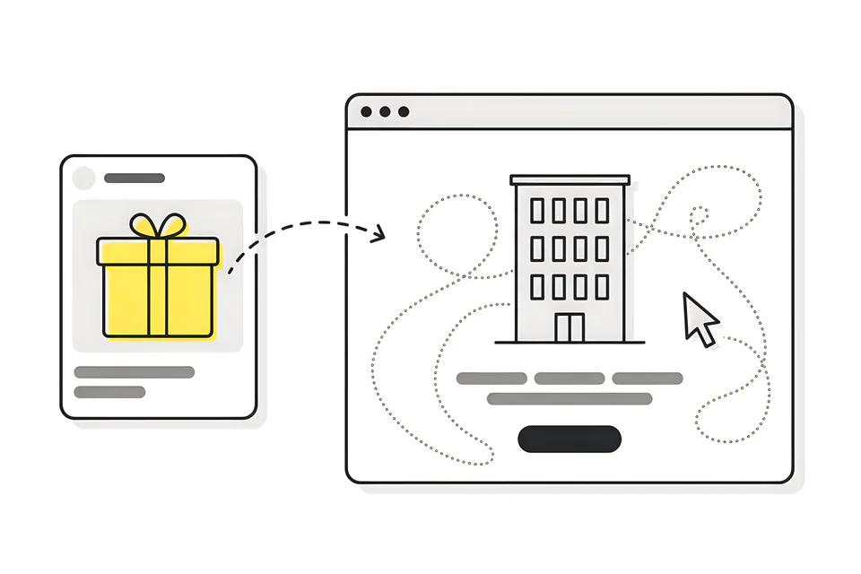 An ad card with a gift box leads to a page that shows only an office building