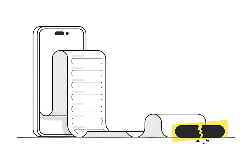A form of eleven fields spilling out of a phone like a long receipt, ending in a broken button