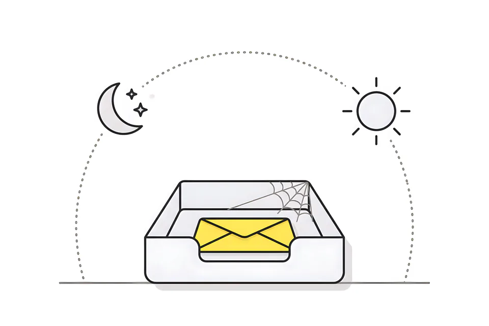 A yellow envelope waiting in an inbox tray while the moon sets and the sun rises