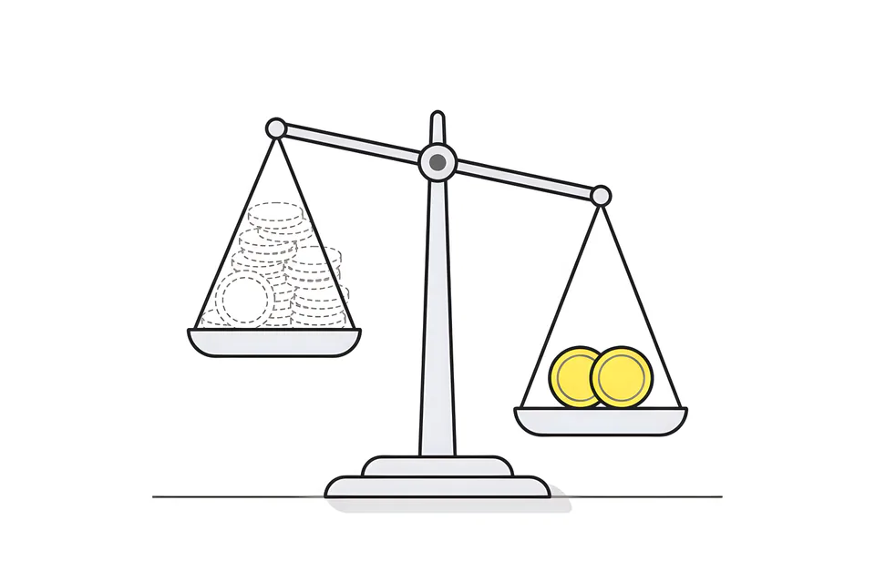 A balance scale tipping towards two real coins, away from a heap of hollow ghost coins