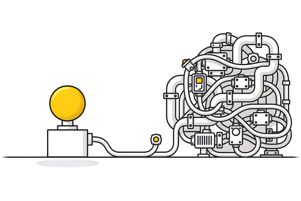 A yellow launch button wired to a tangled machine of pipes and cables