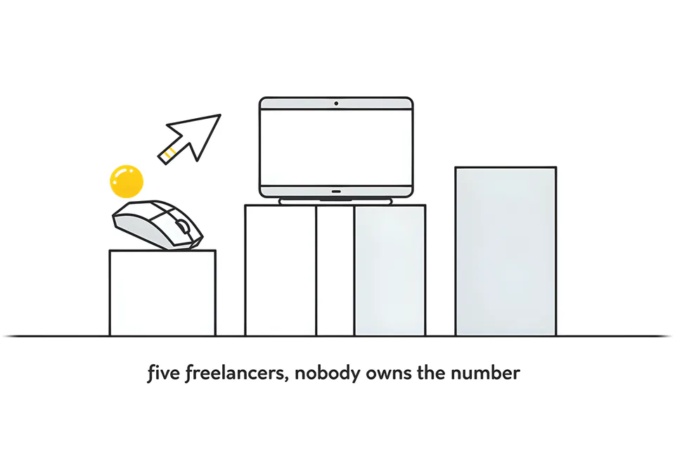 Five separate pedestals with a mouse, a paintbrush, a ticket, a chart and an envelope, and a yellow ball falling between them
