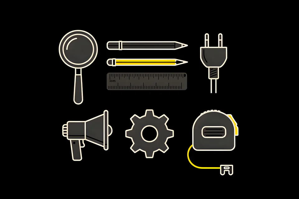 A toolkit laid out in a grid: magnifying glass, pencils and ruler, plug, megaphone, gear and tape measure